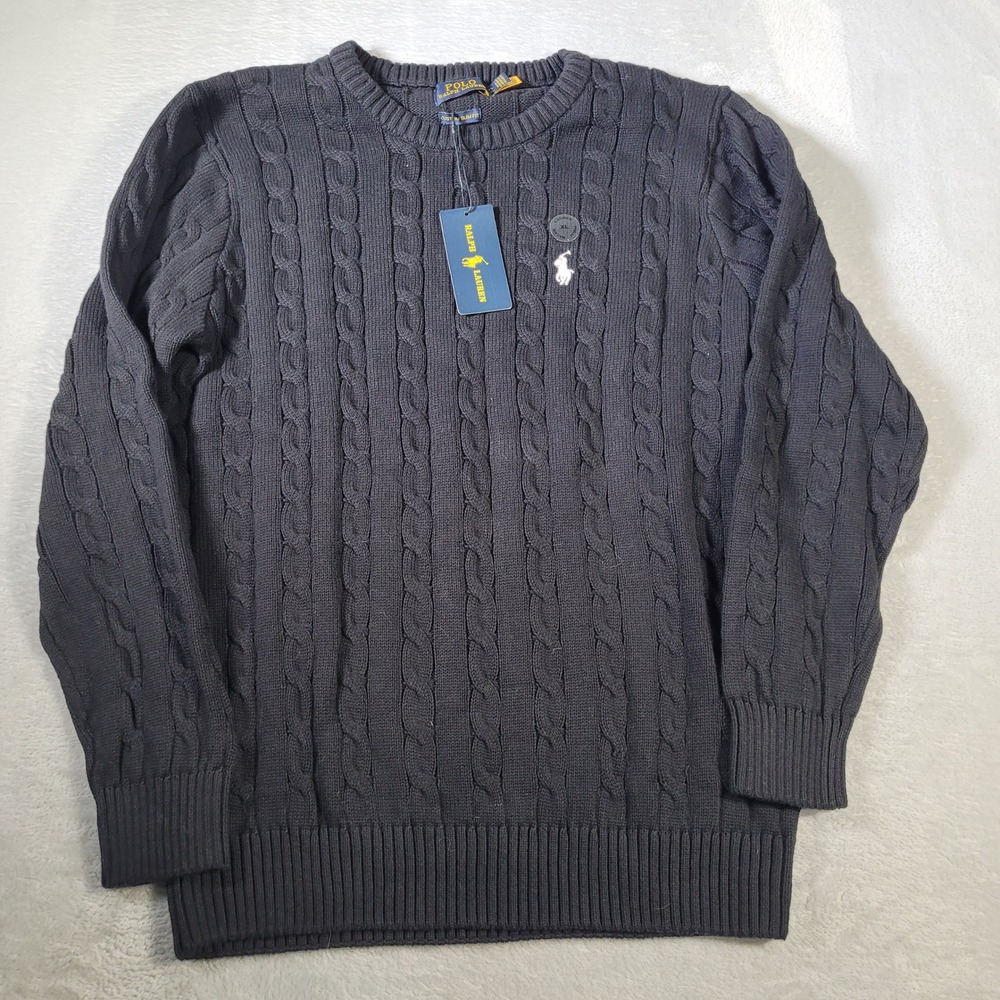 Polo Ralph Lauren Cable Knit Sweater Mens XL Black Custom Slim Fit NWT